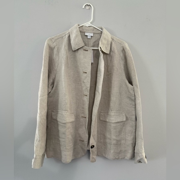 NWT J. Jill Flax Flannel Shacket Button down Shirt Beige Tan Size M Comfy Linen - Picture 2 of 11